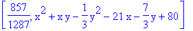 [857/1287, x^2+x*y-1/3*y^2-21*x-7/3*y+80]